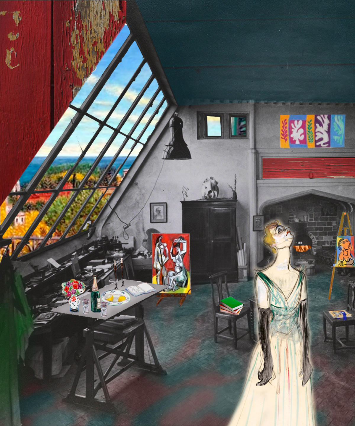 Interior buhardilla blanco y negro con elementos color. Collage con pintura Yvette Guilbert- Toulouse Lautrec, Cuadros Picasso y Magritte. Loco Mundo Arte y Bohemia